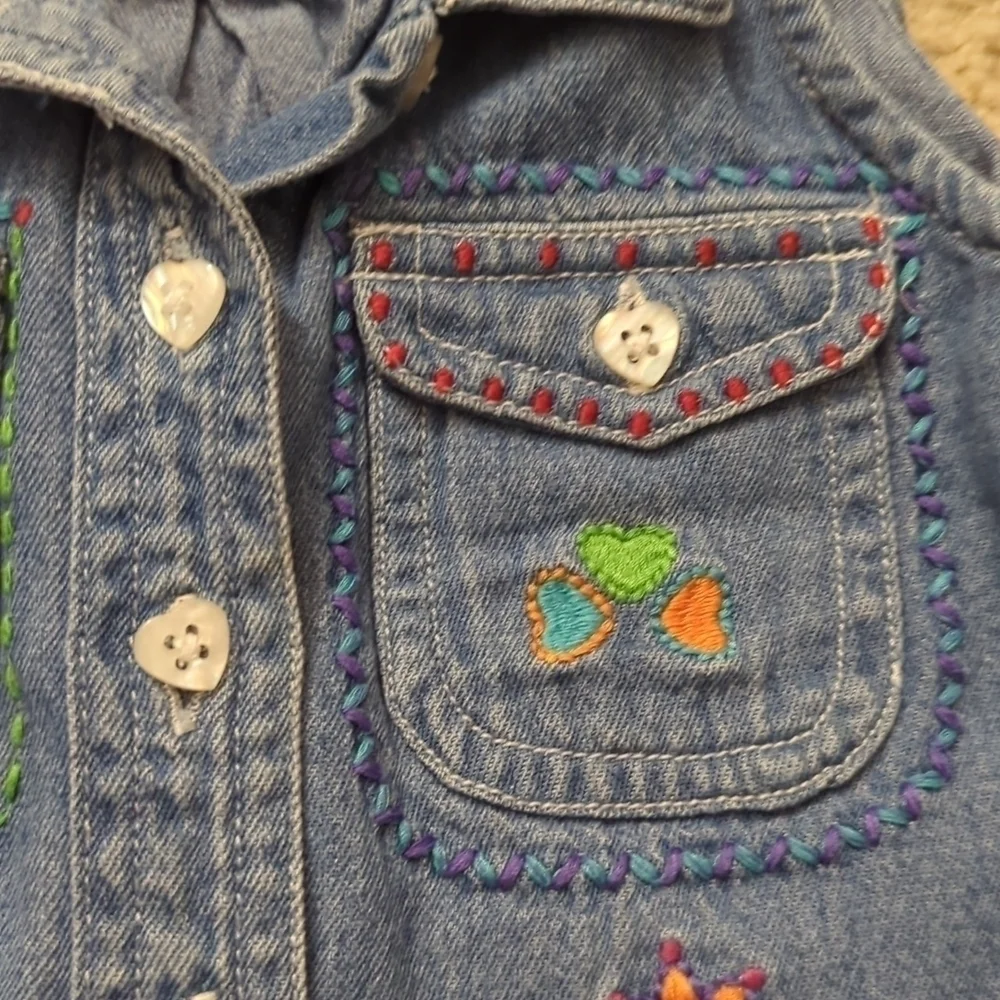 Gap Baby Gap Colorful Embroidery Floral Heart Buttons Soft Denim Vest 6-12 Month